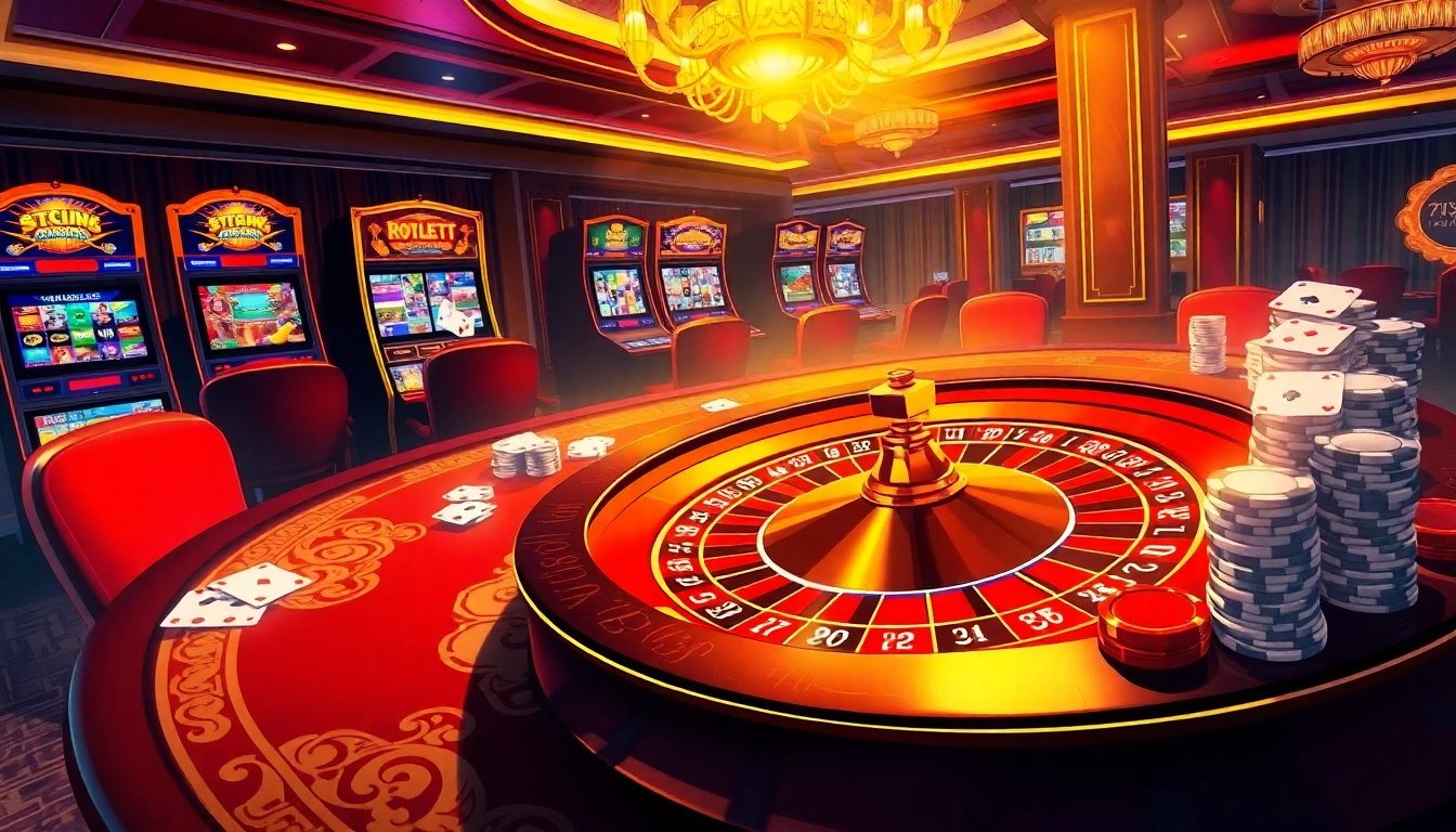 Engaging scene of gambling at 789win casino featuring roulette, cards, and vibrant chips.