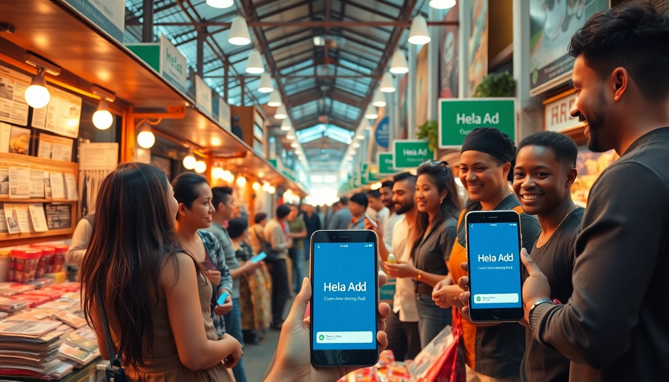 Dynamic community exchange at Hela Add platform with vibrant interactions and engaging classified ads.
