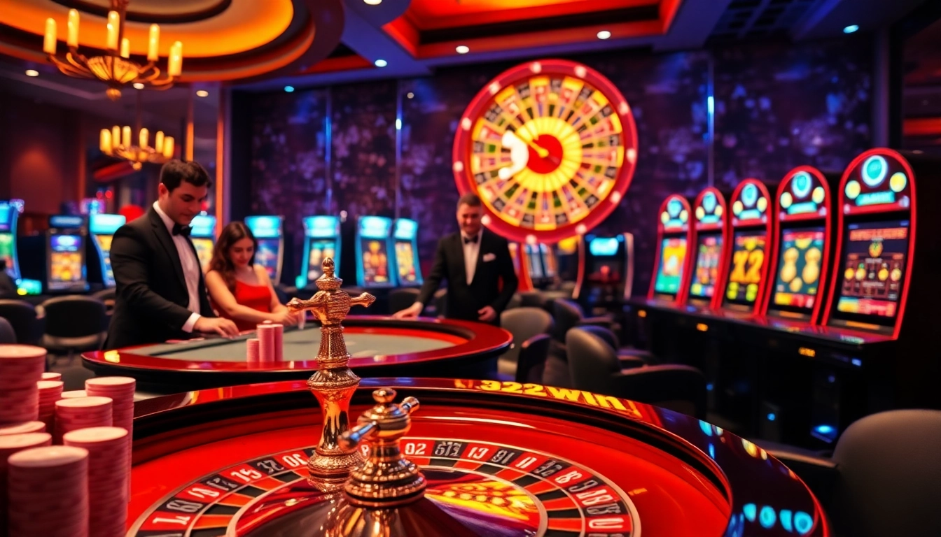 Experience the excitement of 32win with vibrant casino visuals featuring roulette and slot gaming action.
