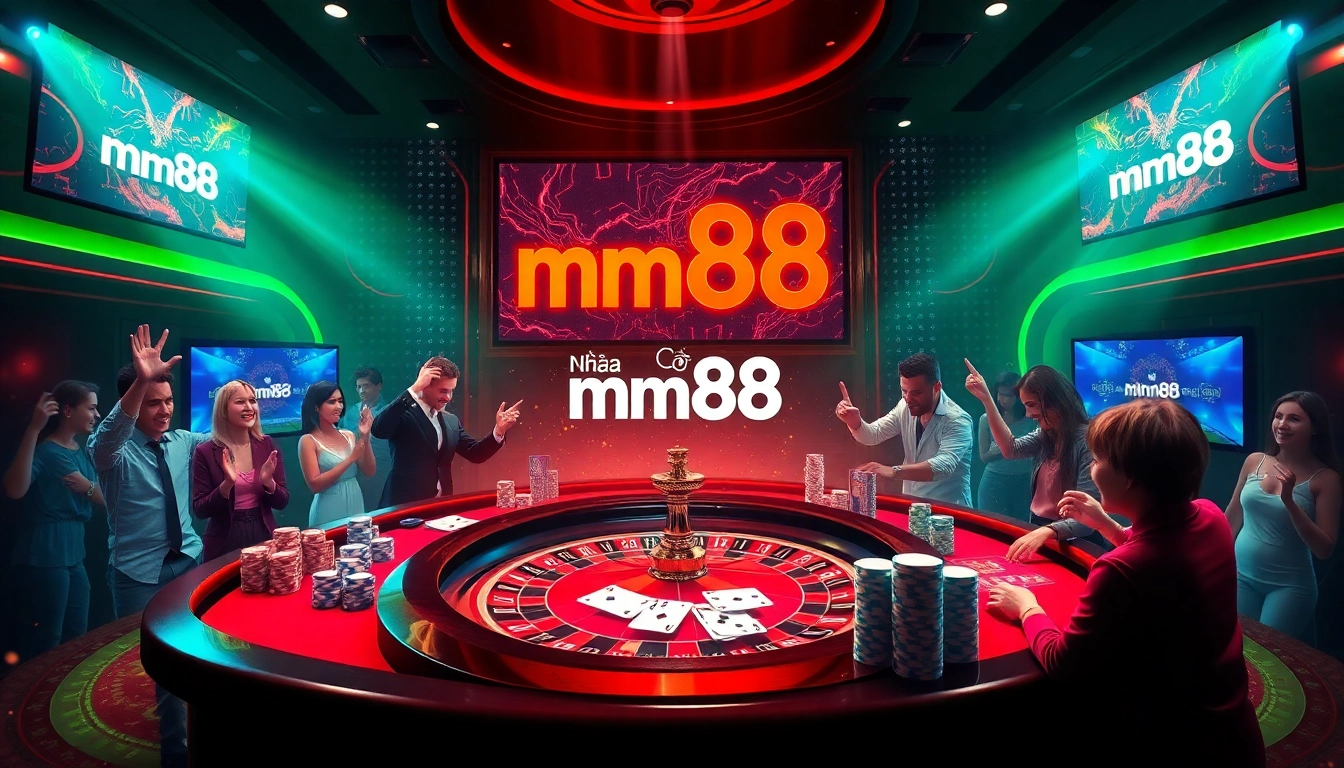Engage with the thrill of online gambling at Nhà Cái mm88 with vibrant casino visuals highlighting poker and roulette.