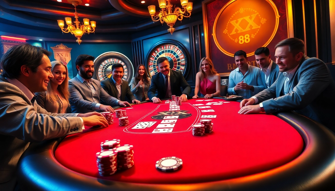 Engaging gamblers at the luxurious Xx 88 poker table with vibrant chips and cards.