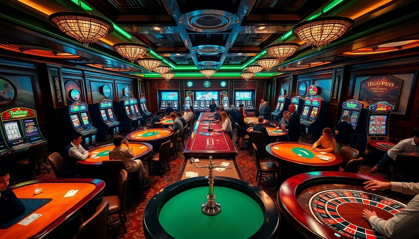 Gamblers enjoying a thrilling night at a casino, featuring Hello88 amidst vibrant games.