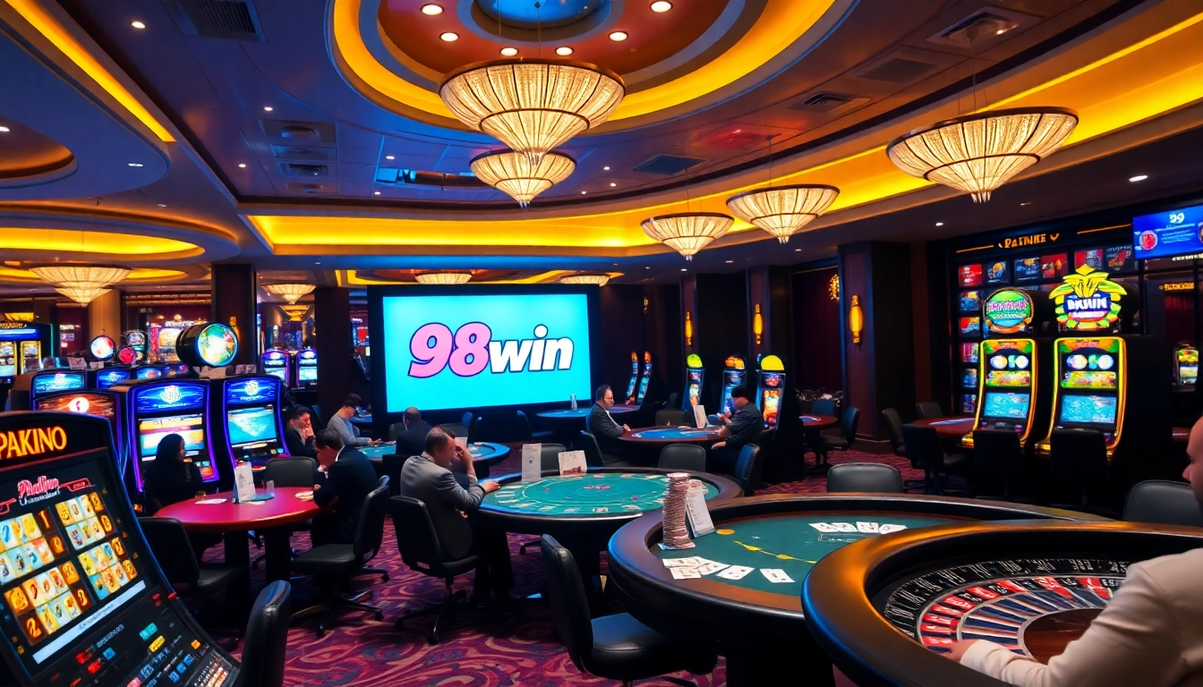Exciting gambling atmosphere at 98win casino with vibrant tables and slot machines.