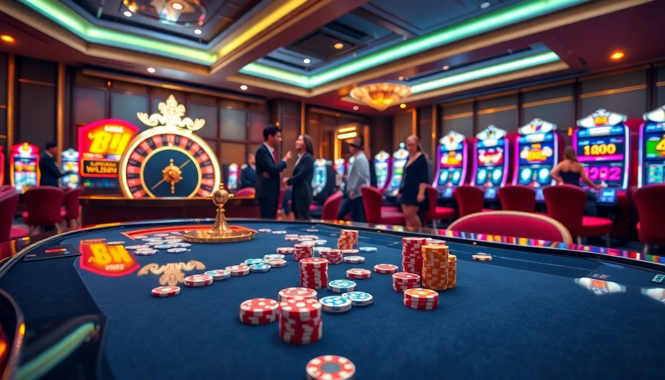 Engaging scene at Nhà Cái mm88 showing vibrant casino tables and digital gambling interfaces.