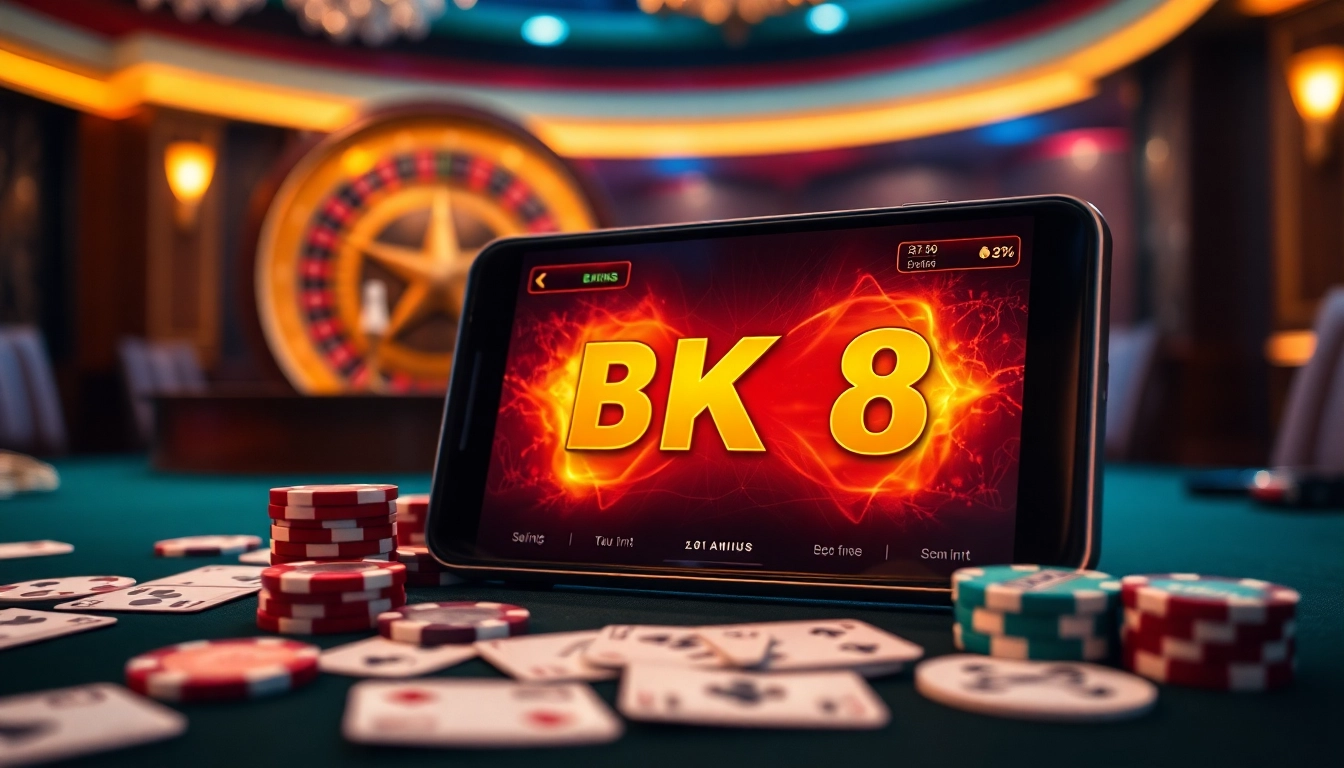 Experience the thrill of bk8 login on a luxurious gaming interface surrounded by poker chips and cards.