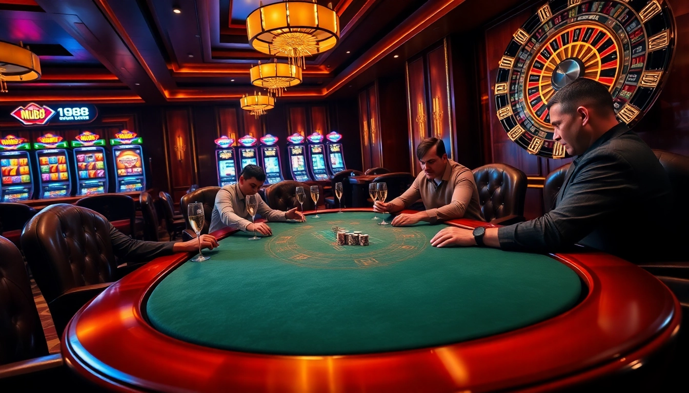 Mu88 casino ambiance with poker décor and vibrant slot machines enticing players.