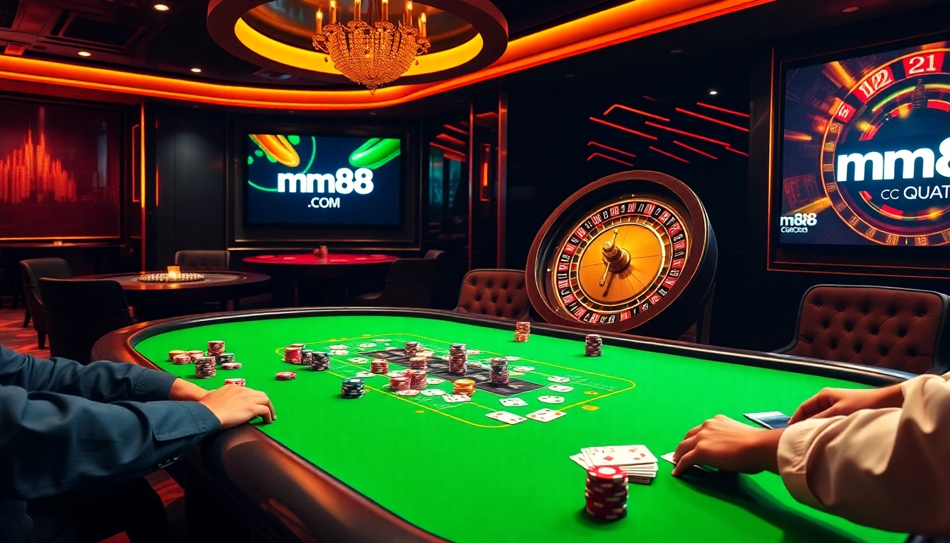 Play exciting poker at MM88 com’s luxurious casino tables with vibrant chips and cards.