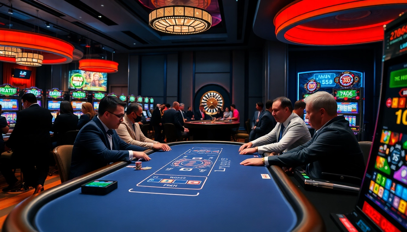 Man 88 players strategizing at a high-stakes poker table in a vibrant casino.
