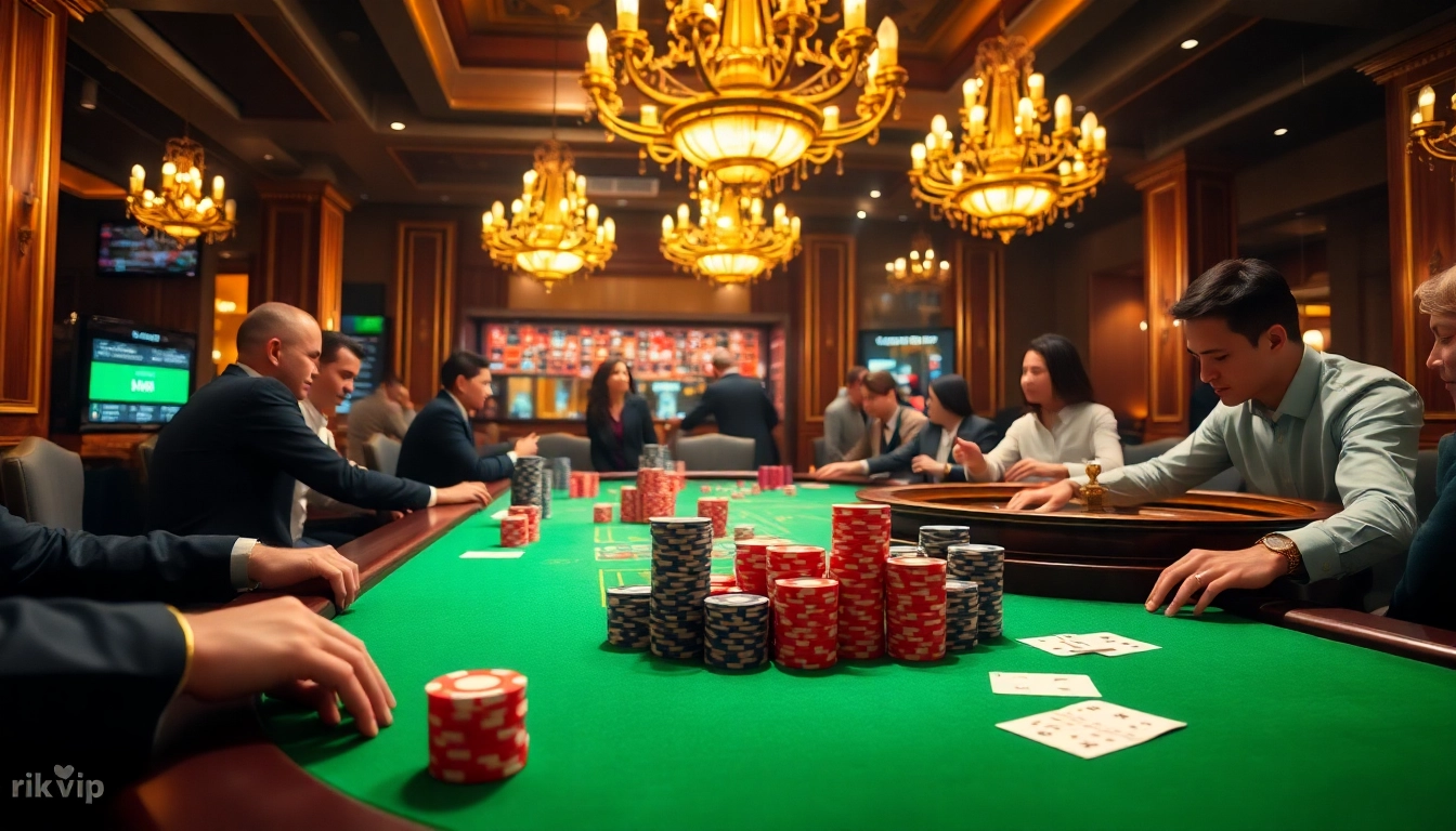 rik vip players celebrating a win at an elegant poker table overflowing with chips and cards