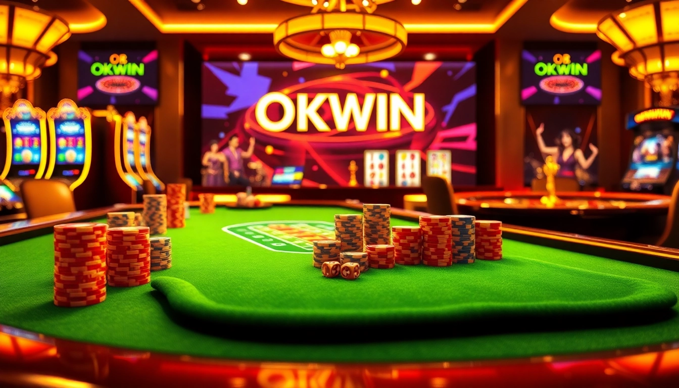 Players enjoy a thrilling online casino experience at OKWIN with poker chips and gaming tables.