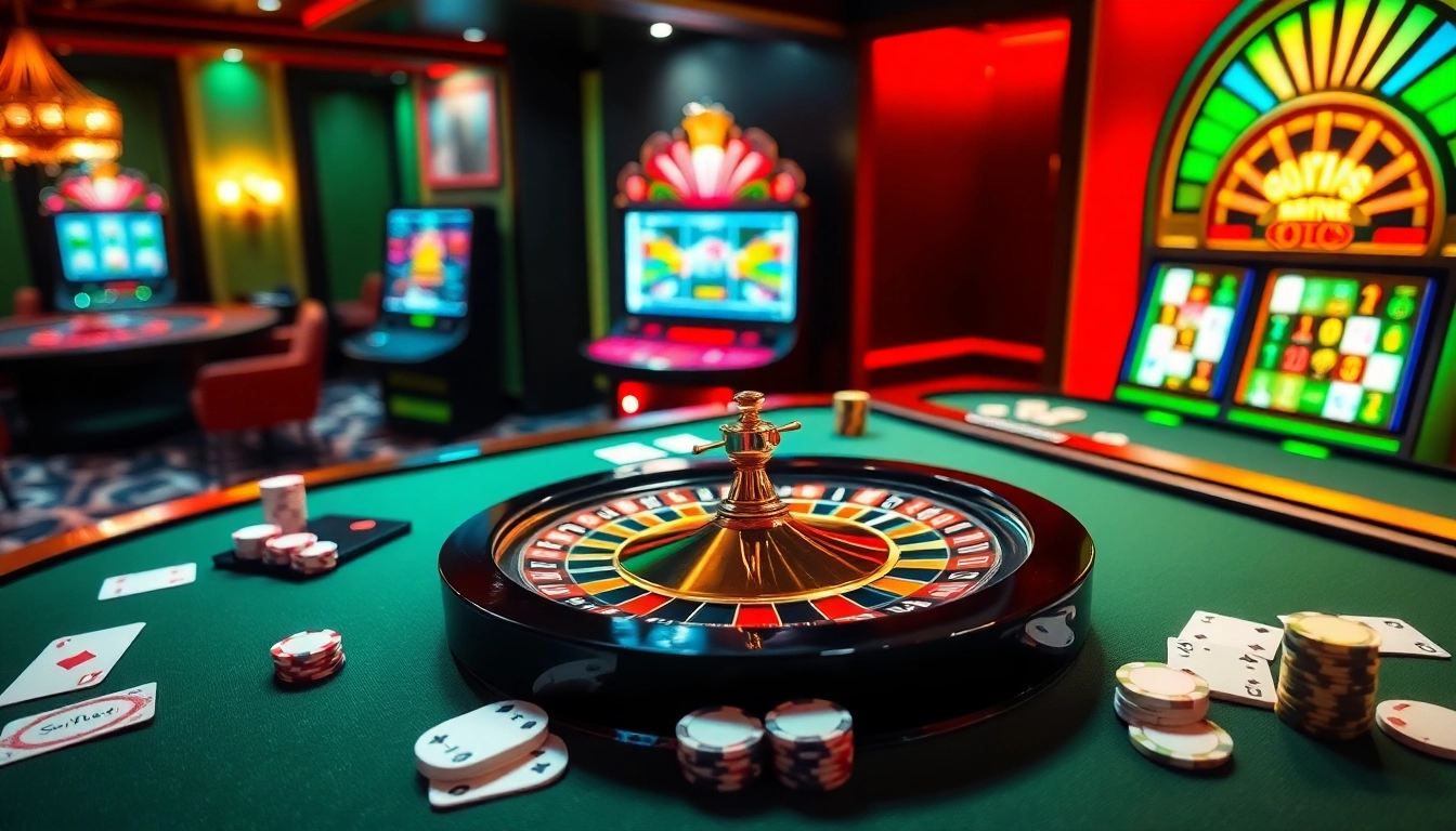 Experience thrilling gambling action at https://nh88.net/ with a luxurious casino scene featuring roulette and poker elements.