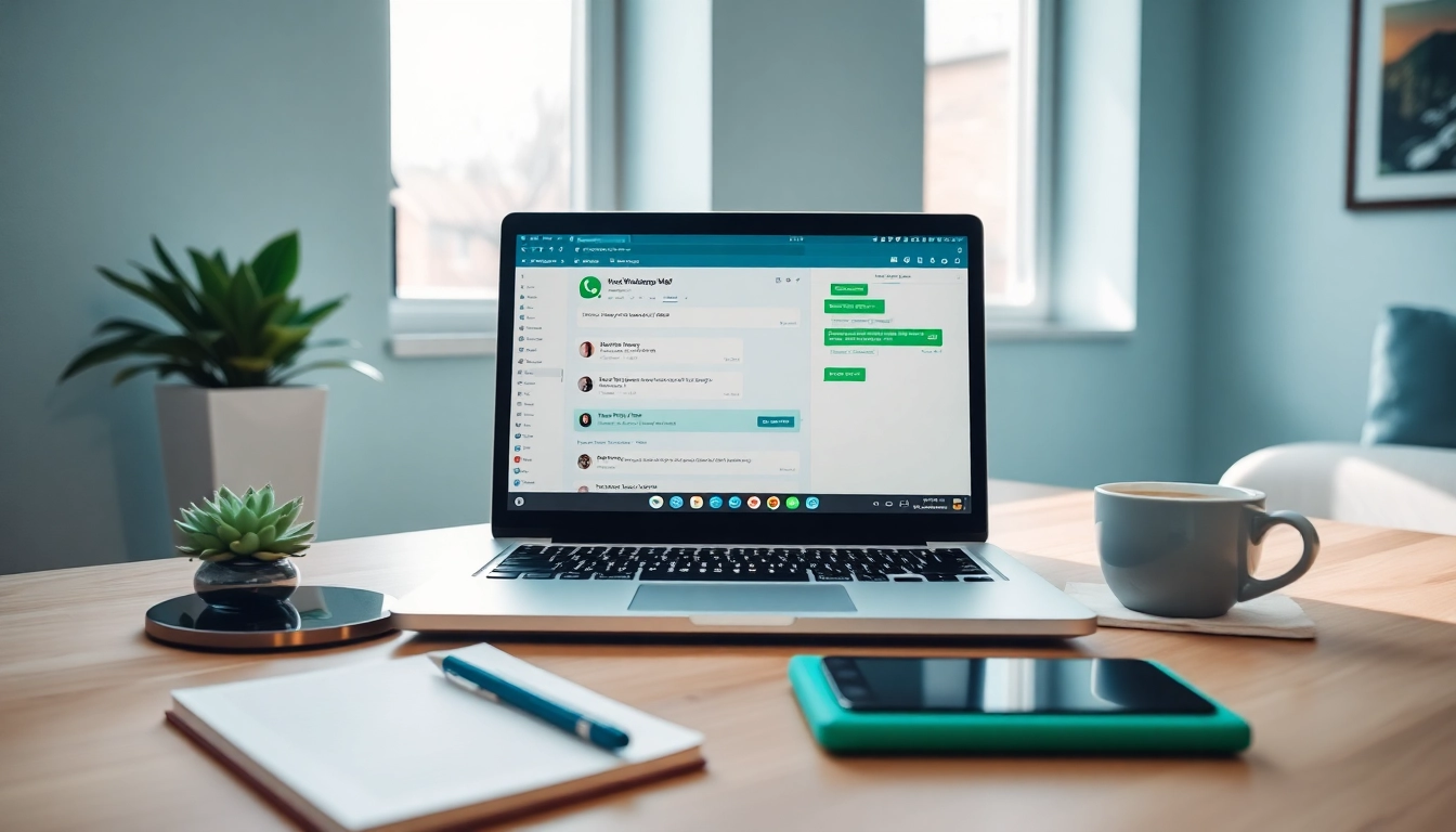 明亮工作区中笔记本上的 WhatsApp Web 界面,突出快连官网的功能。