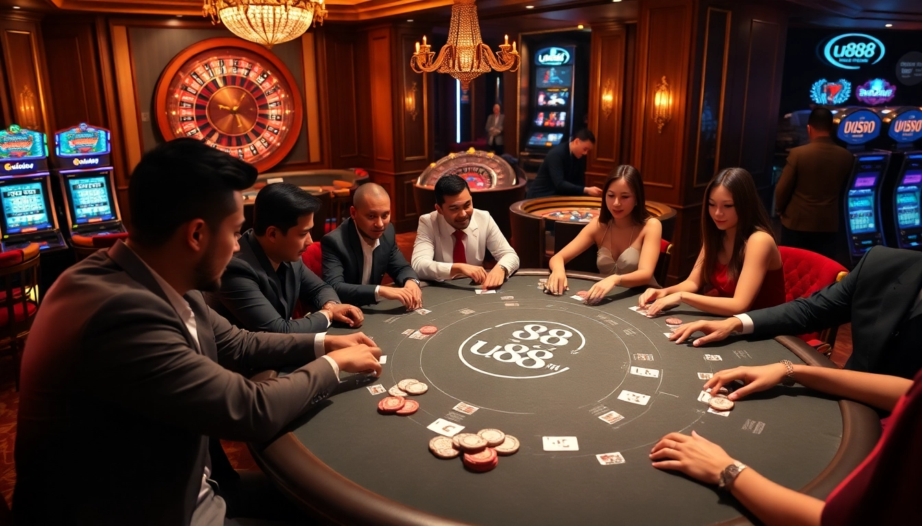 Players enjoying a game at the u888 poker table in a luxurious casino setting.