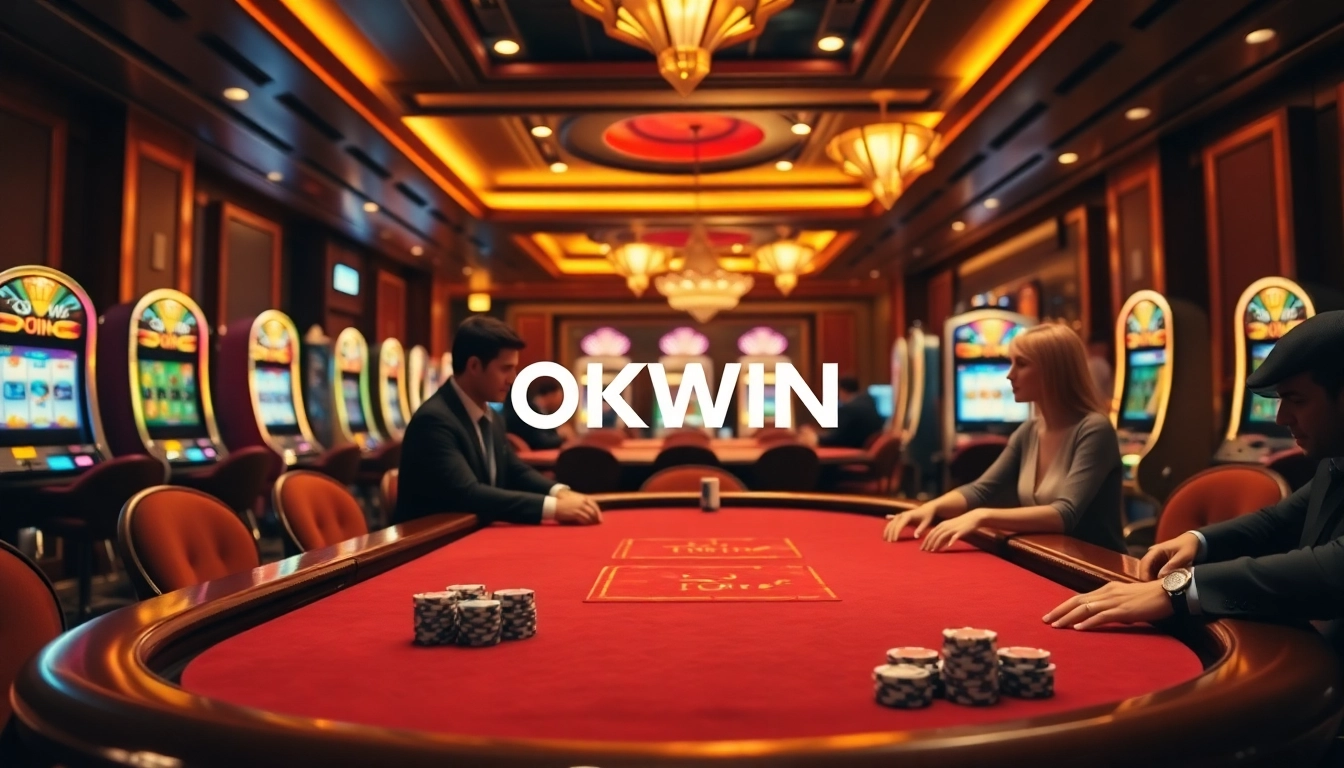 Players experiencing an exciting poker game at a glamorous casino table featuring the OKWIN logo.