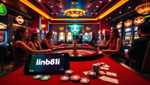Experience the thrill of the casino with 'link 88i', featuring ecstatic players and iconic gaming elements.