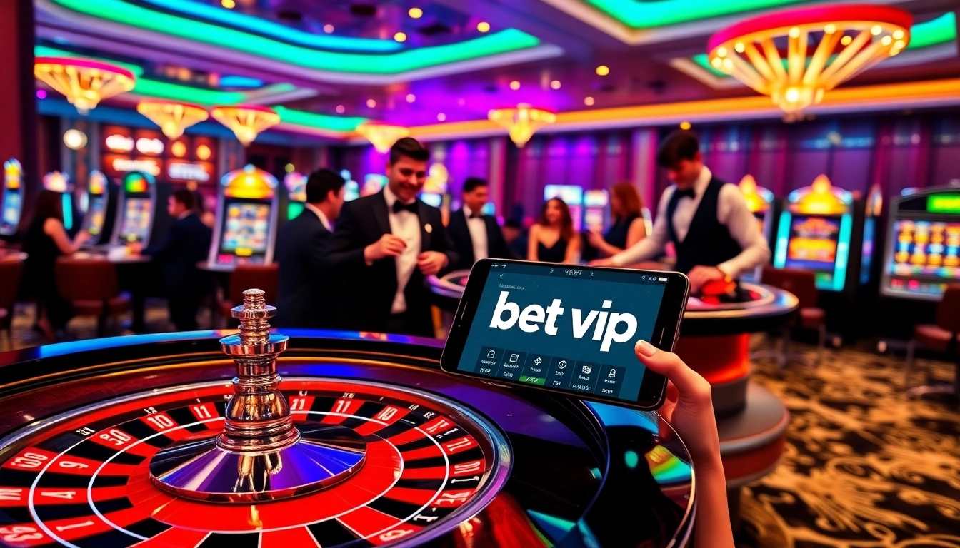 Một cảnh casino đầy kịch tính với ứng dụng Bet VIP được hiển thị trên thiết bị di động giữa các máy đánh bạc tấp nập và bánh xe roulette.