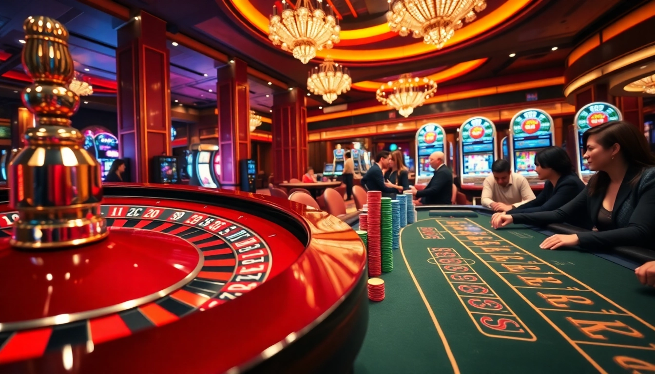 Experience vibrant gaming action at https://urr88.com/ with roulette, poker chips, and excited players.