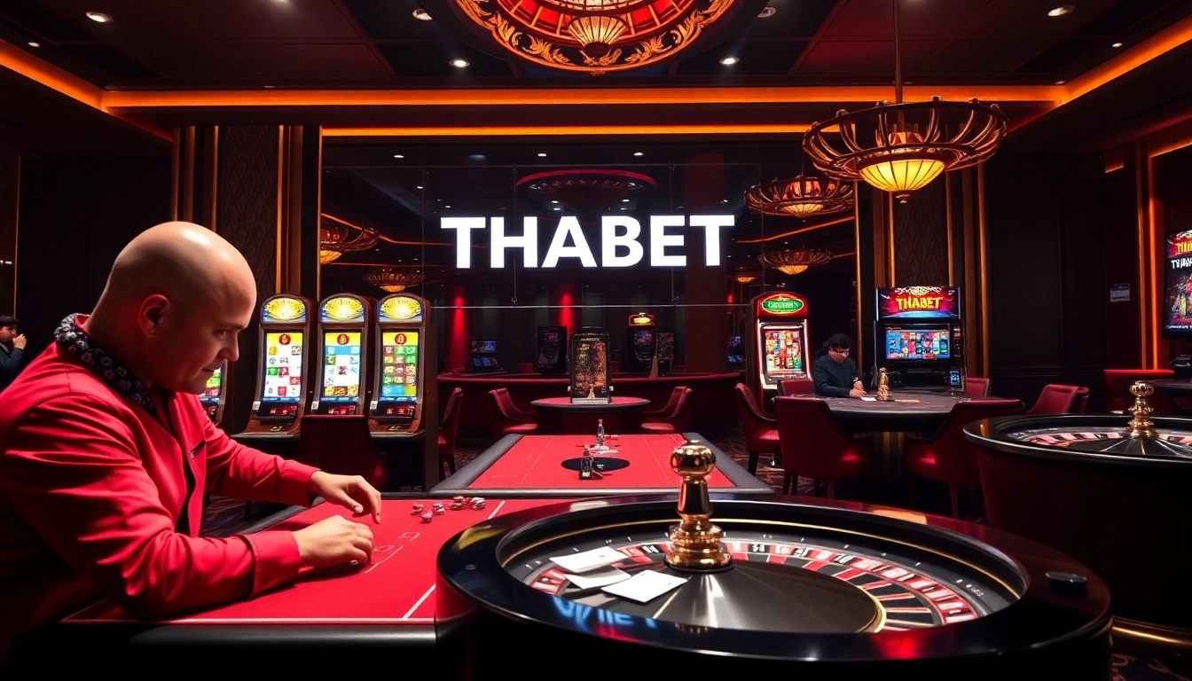 Thrilling casino action at THABET with poker tables and slot machines in a luxurious setting.