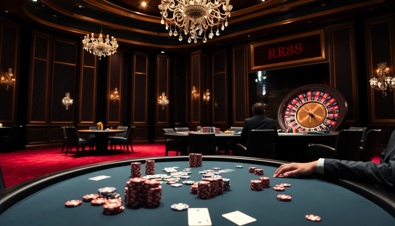 Experience the thrill of RR88 with a luxurious casino scene featuring poker and roulette.