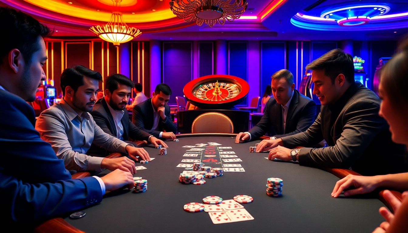 A thrilling scene of players at a poker table showcasing the excitement of 88i nhà cái, with vibrant chips, cards, and a roulette wheel in view.