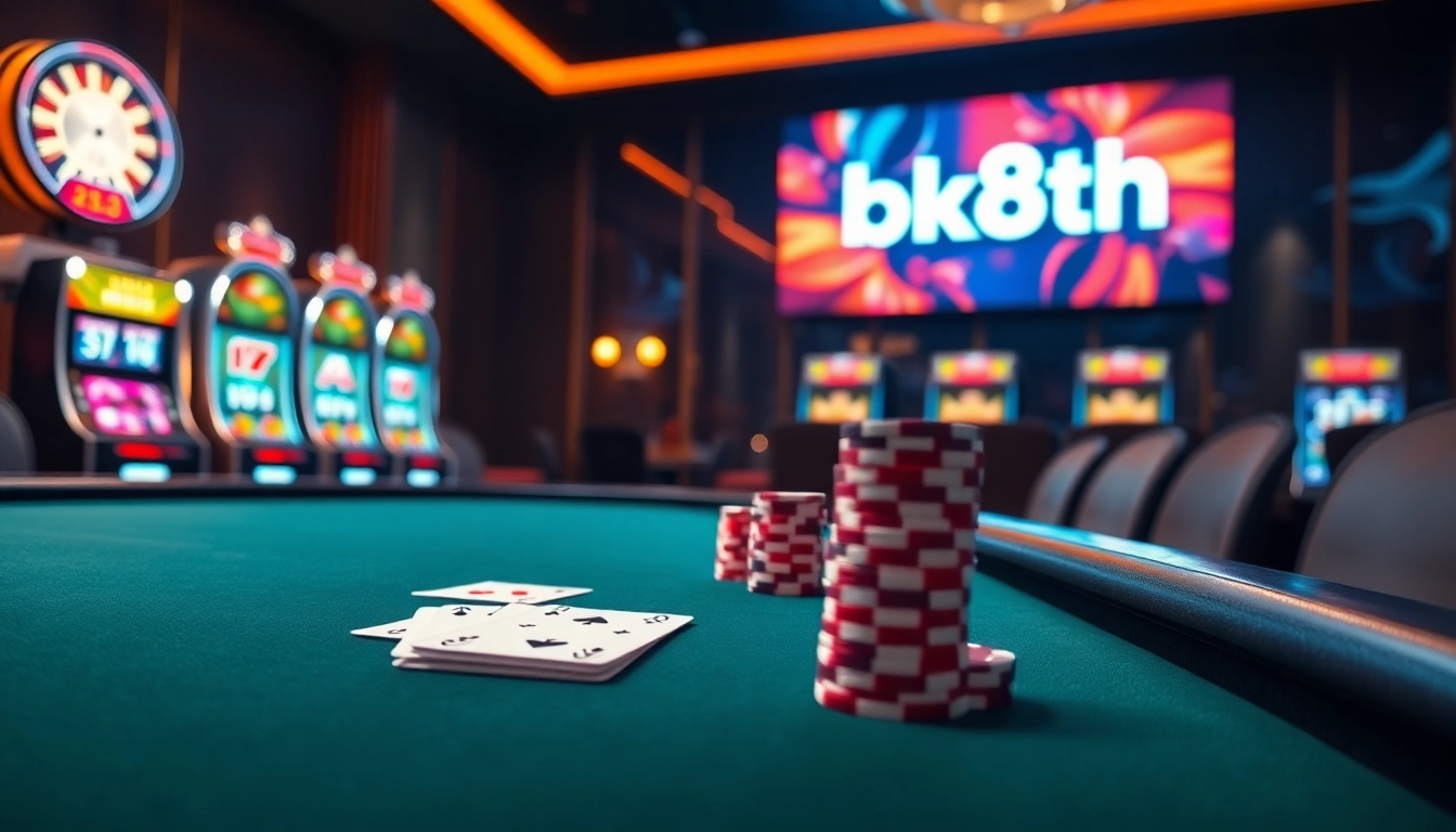 Exciting betting scene with poker chips and cards at bk8th online casino