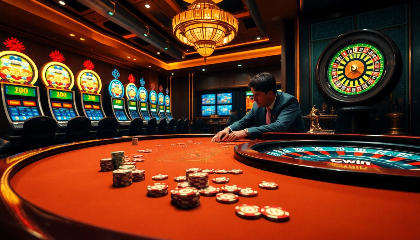 Cwin branding showcased on a luxurious poker table in an upscale casino environment.