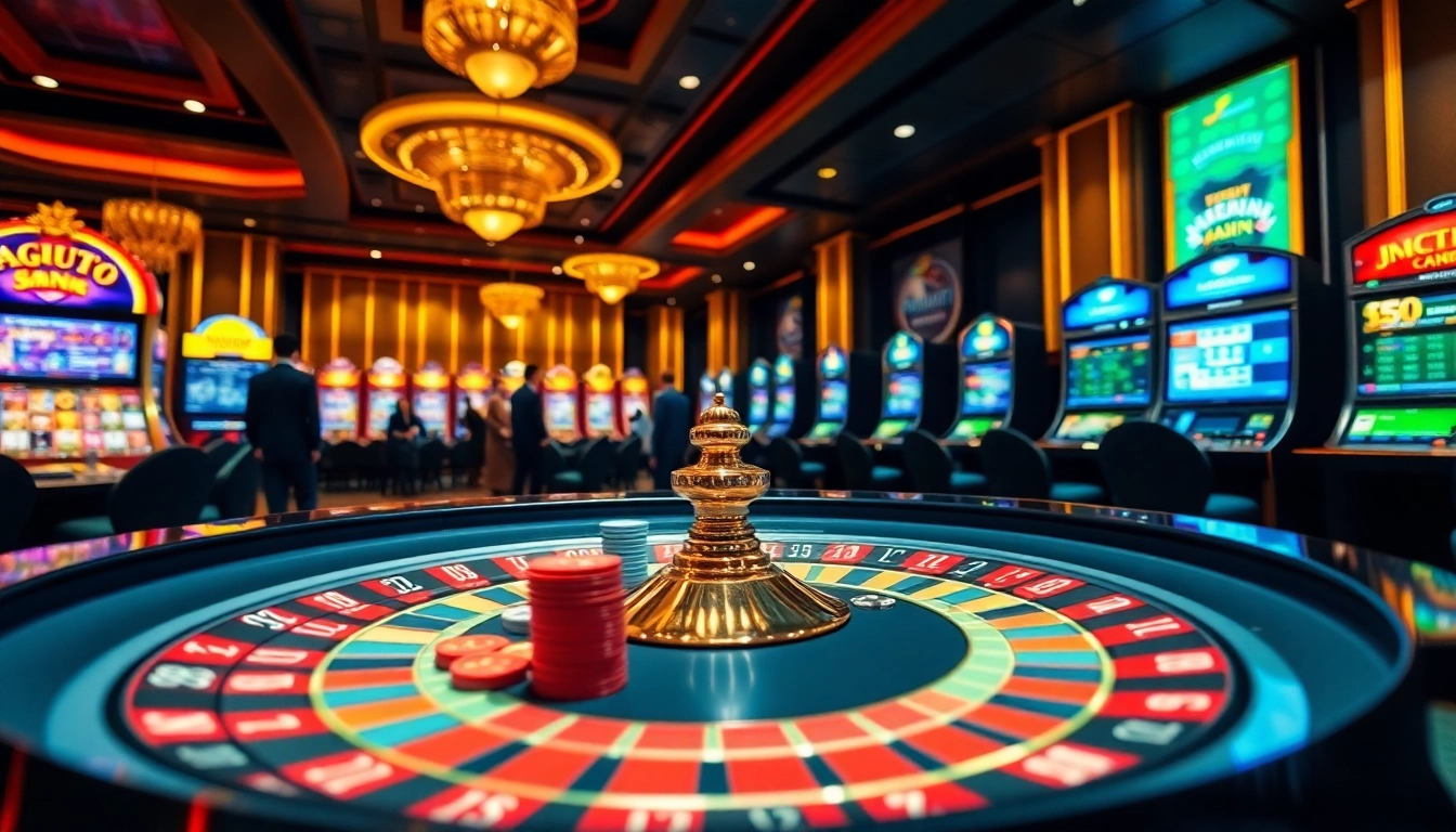 Experience excitement at rajatoto88 with poker chips and a roulette wheel in a vibrant casino setting.