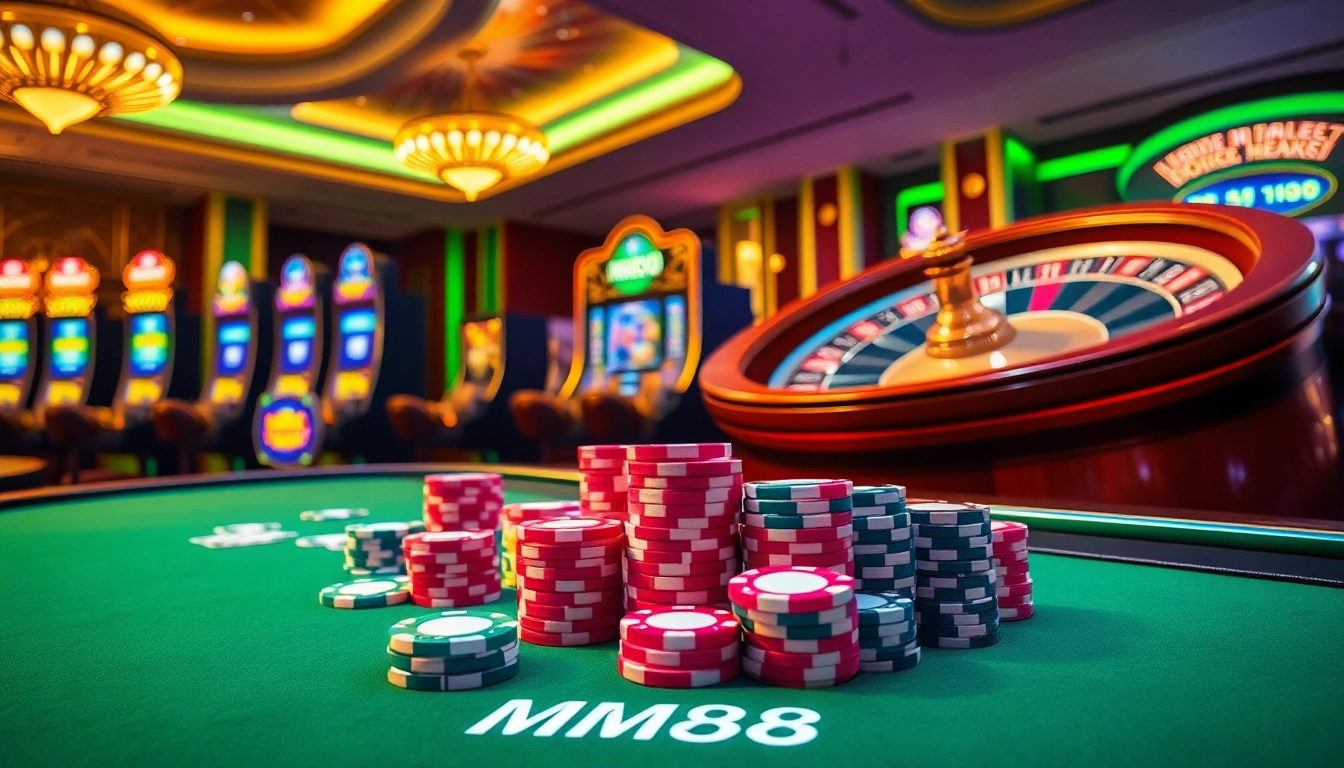 Experience high-stakes gambling at the luxury MM88 casino with vibrant gaming tables and slot machines.