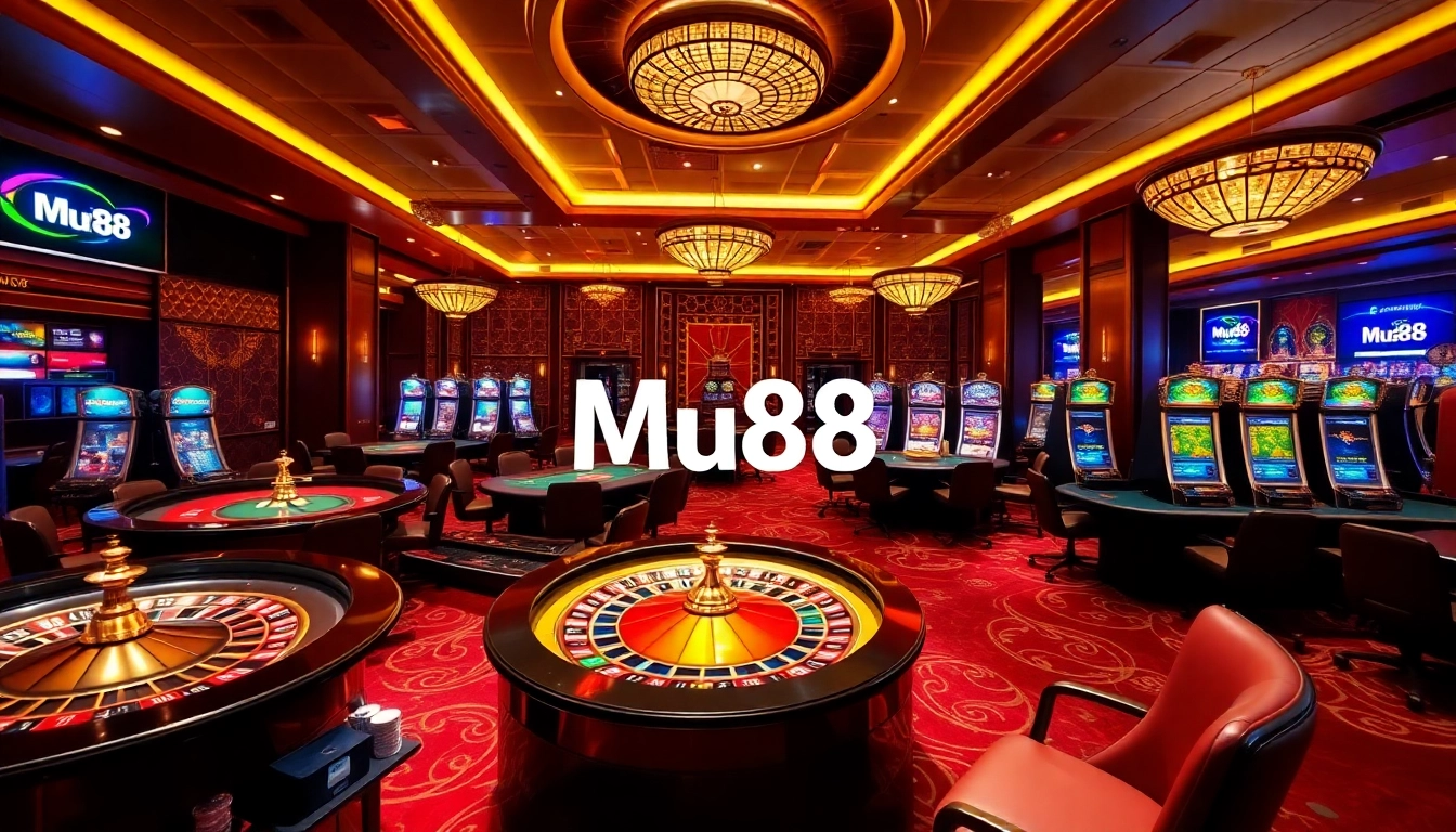 Experience the thrill of Mu88 with luxurious casino tables and vibrant slot machines.