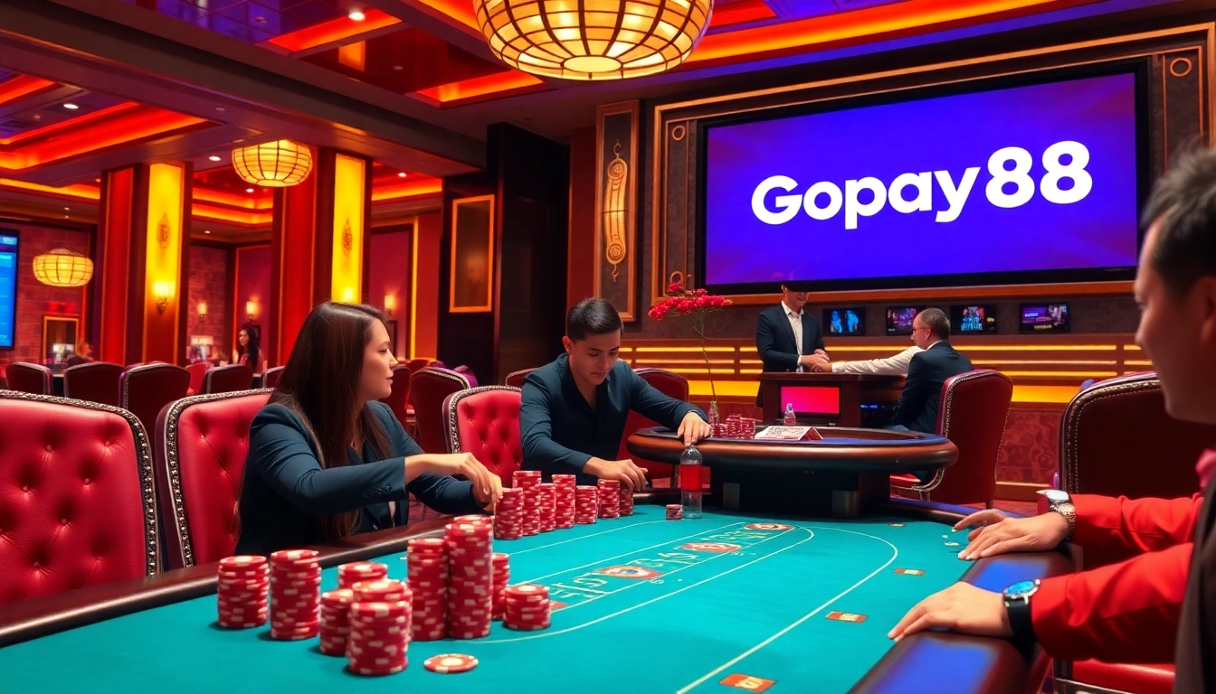 Engaged players at a luxurious poker table featuring Gopay88 logo and vibrant casino atmosphere.