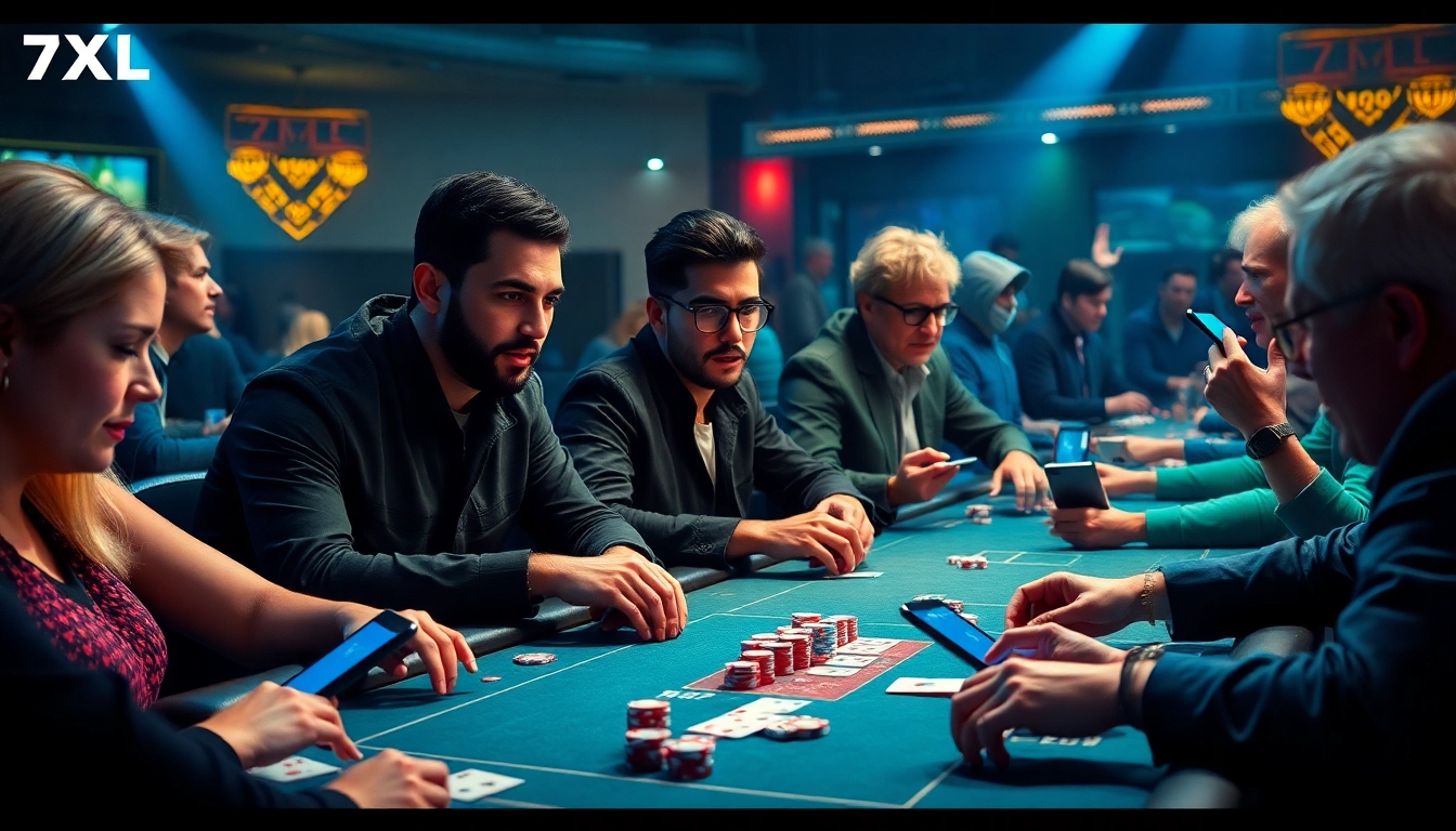 סצנת פוקר אונליין של 7xl להורדה המדגימה את התרגשות השחקנים ואת הממשק הדיגיטלי של 7XL.