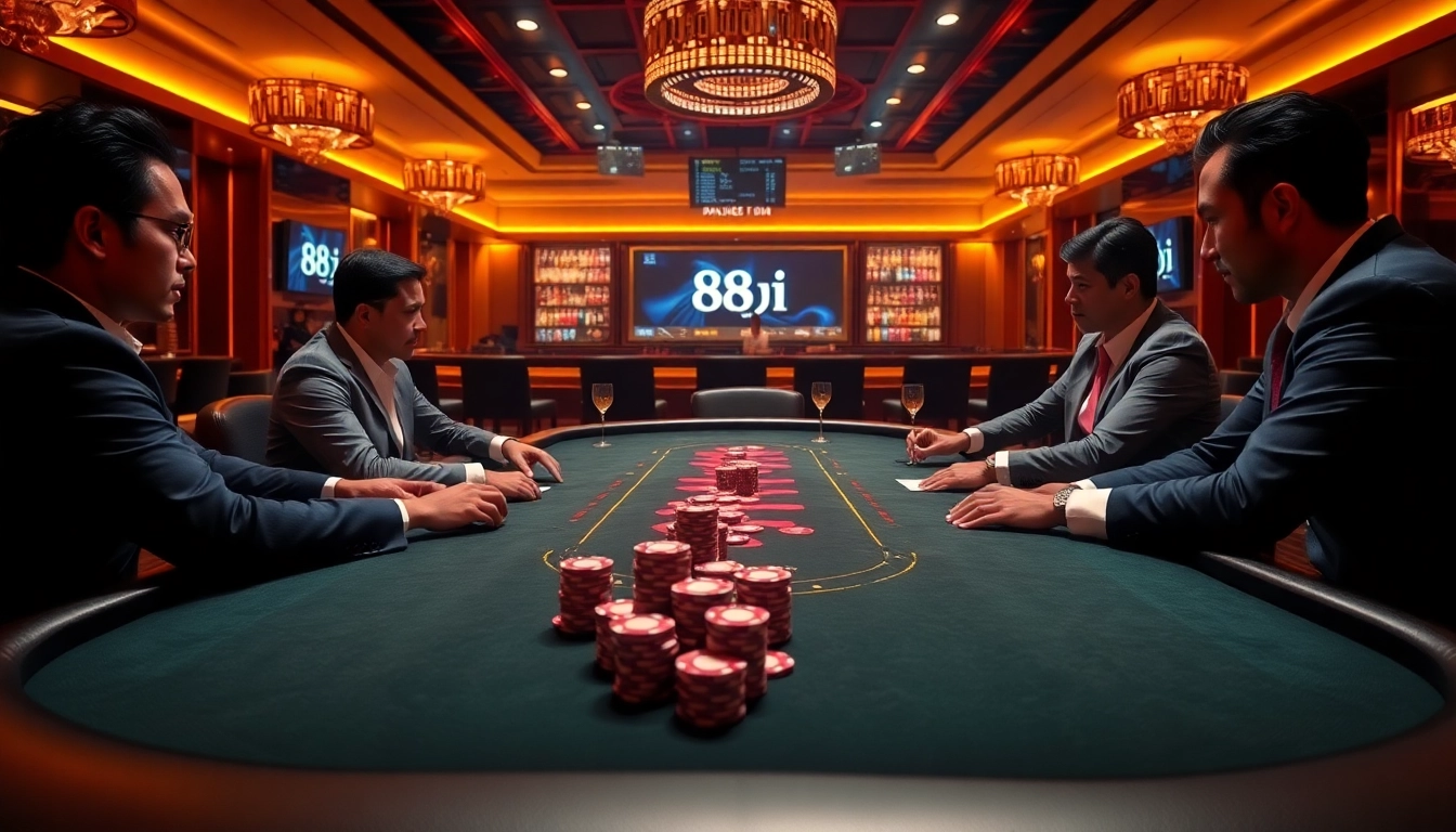 Engaging poker players at a casino table with 88i branding reflecting the excitement of high-stakes gambling.