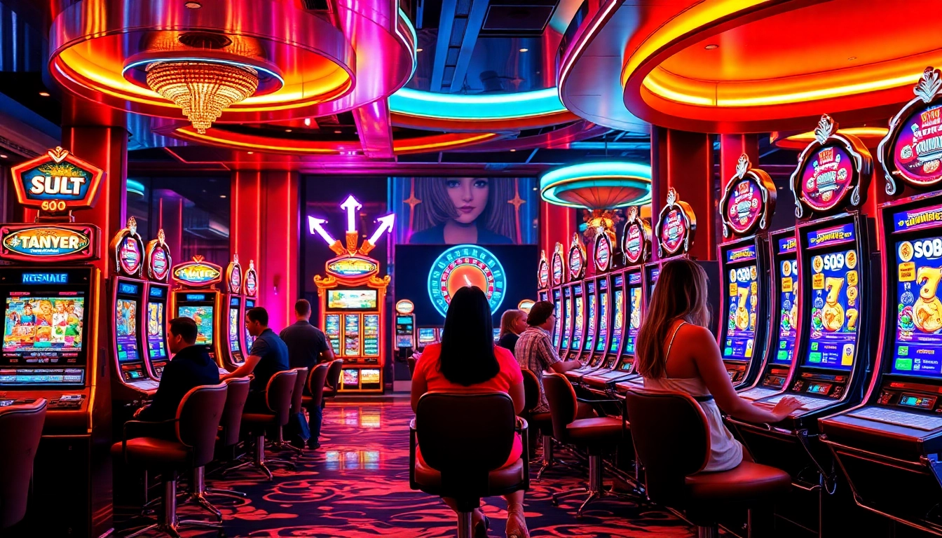 Players winning at the slot apiraja88 machines in a luxurious casino setting.