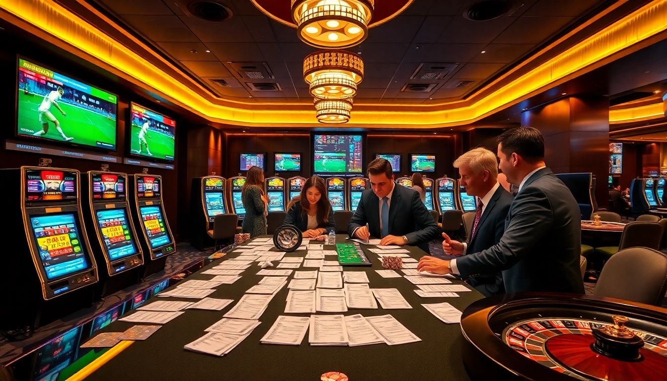 Strategically placed betting slips and vibrant sportsbook screens showcasing เทคนิคแทงบอล in a luxurious casino environment.