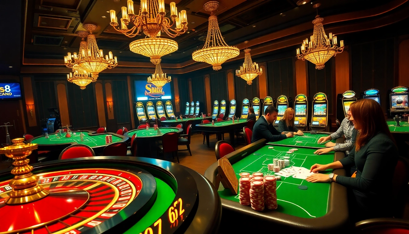S8 nhà cái showcasing an exciting casino with poker players and vibrant gaming tables.