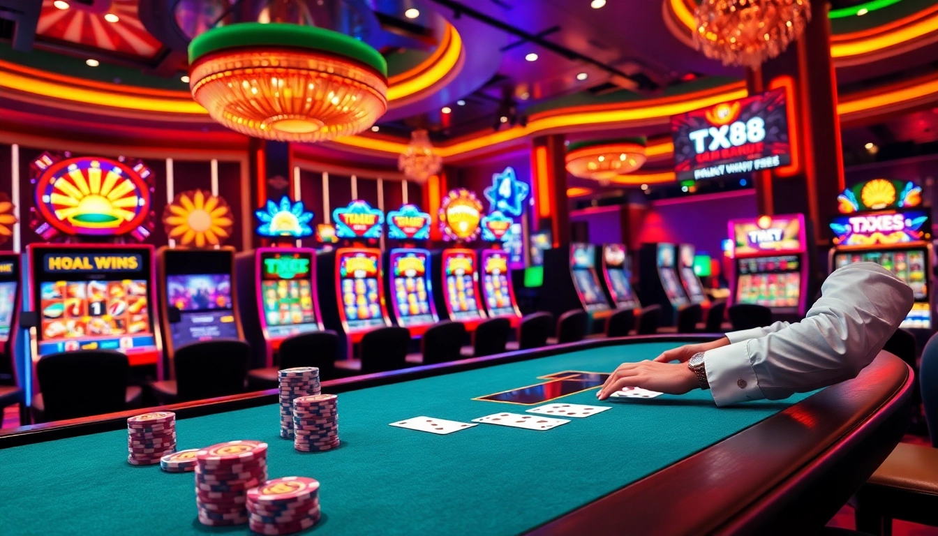 Exciting TX88 casino scene with vibrant games and professional gamblers engaged.