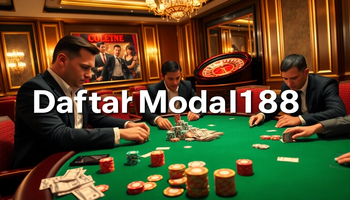 Players engaging in high-stakes poker at a luxury casino, highlighting Daftar Modal138 betting strategies.