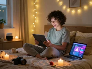 Engaging with 18+ AI character in cozy bedroom, intimate digital chat scene.