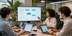 People engaged in a discussion about crush on ai features in a modern workspace.
