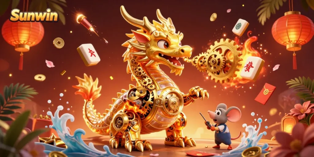 Experience thrilling gaming at Sunwin's vibrant casino with a golden dragon guarding treasures and enchanting symbols.