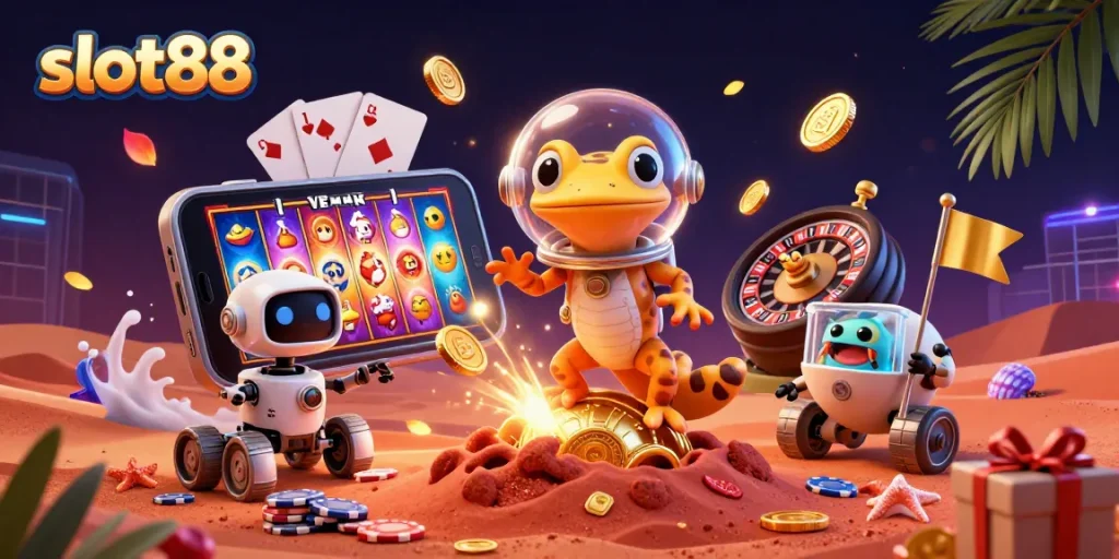 Permainan slot88 menakjubkan dengan makhluk luar angkasa di kasino emas Mario.