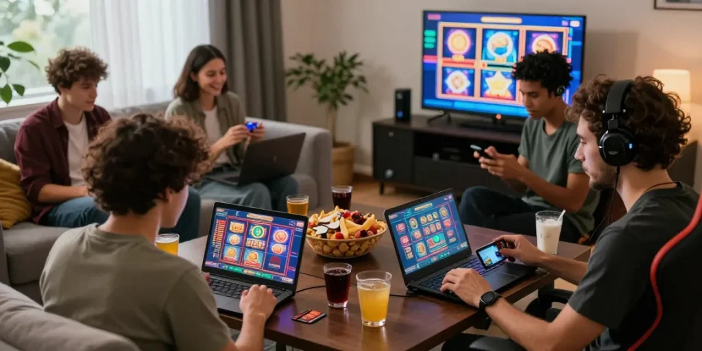 Players enjoying credit card casino games at home with https://eviz.org.uk, vibrant atmosphere and engaging devices.