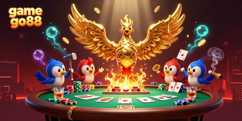 Experience the excitement of game go88 with a dynamic golden phoenix and poker scene.