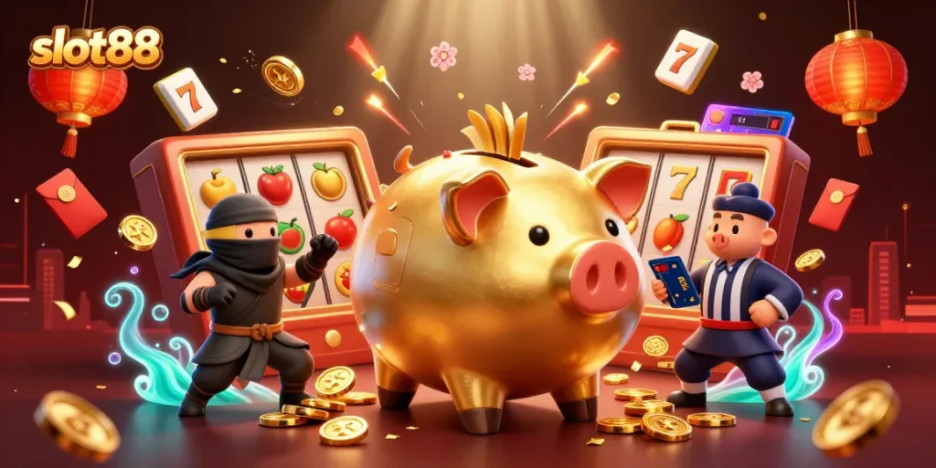 slot88 menarik jackpot dengan ilustrasi karakter piggy bank berwarna emas dan elemen kasino lainnya