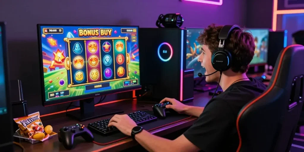 Player enjoying bonus buy slots game on desktop with exciting visuals and gaming accessories