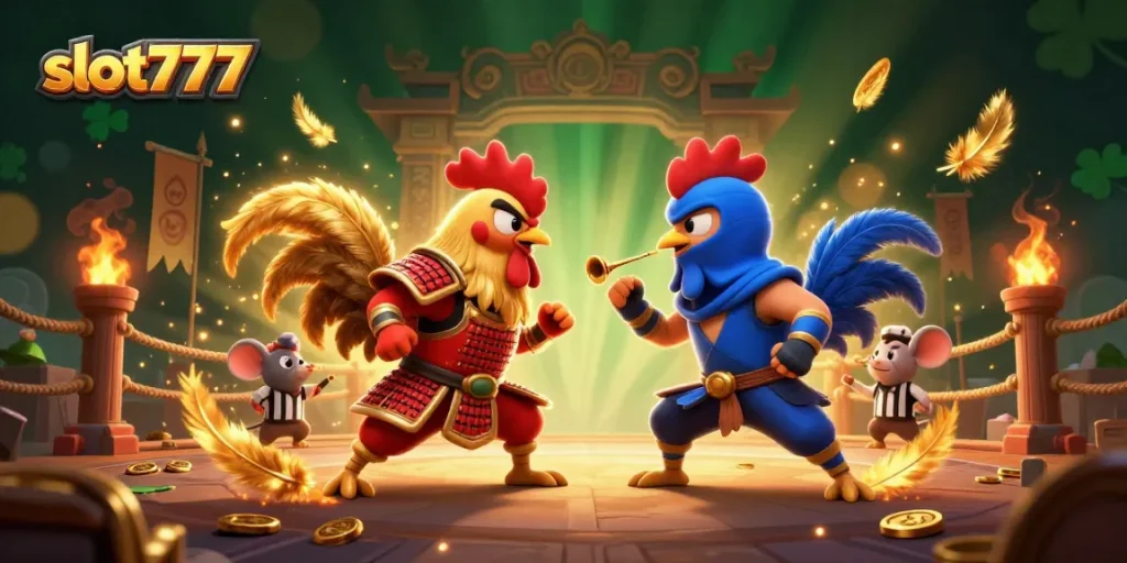 Engage with slot777 gameplay as roosters duel in a vibrant casino-themed arena, showcasing thrilling action.