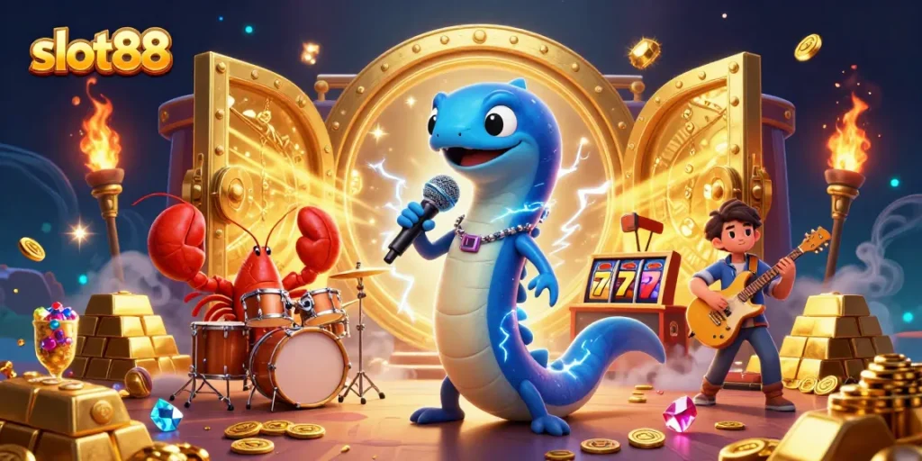 Mengamankan jackpot dengan slot88, ilustrasi kasino bawah laut yang berwarna-warni dan energik.