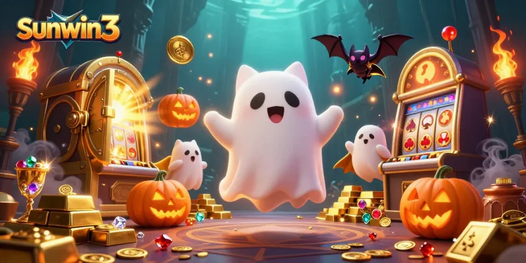 Join the fun at sunwin3 as a ghost cat haunts a vibrant casino featuring glowing jack-o-lanterns and hidden treasures.