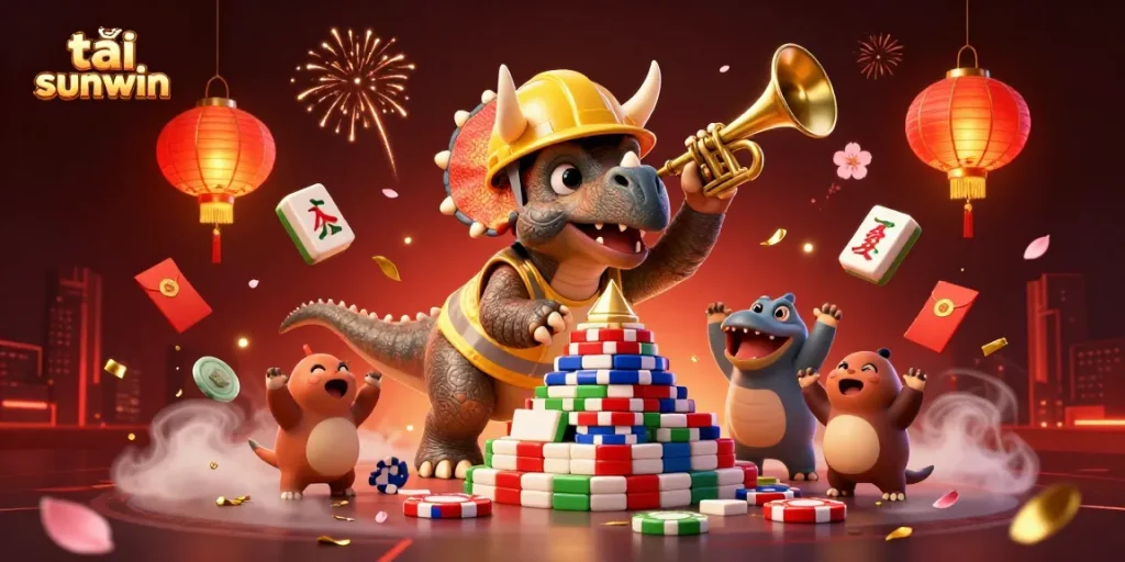 Engage in thrilling gameplay with tải sunwin, featuring a 3D cartoon triceratops building a poker chip tower.