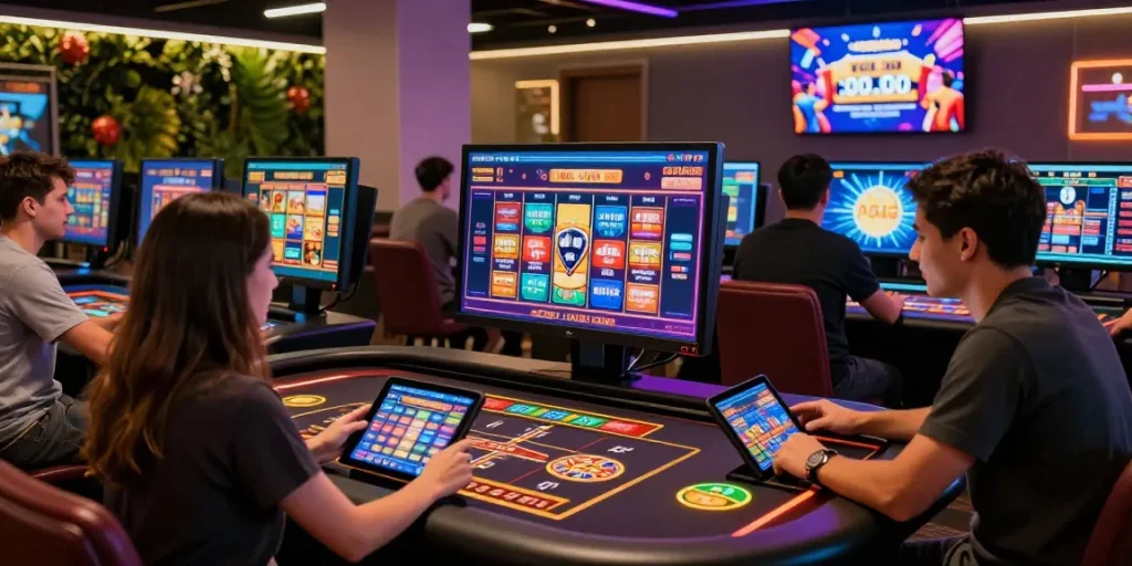 Experience new online casinos in the UK with players engaging in games at a modern gaming interface.
